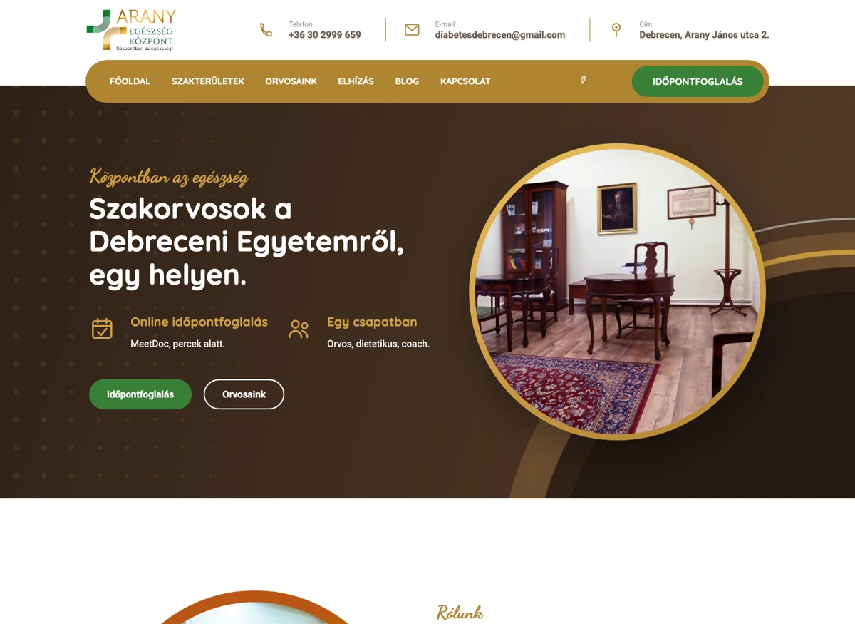 Arany Egészségközpont weboldalának látványképe