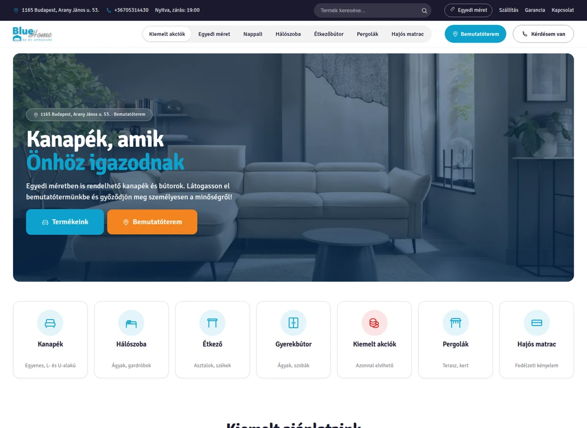 BlueHome weboldal és bemutatótermi termékkatalógus